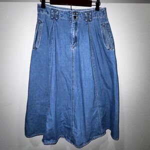 Lizwear Petite Denim Maxi Skirt Blue A-Line Pleated Pockets Vintage Size 12P